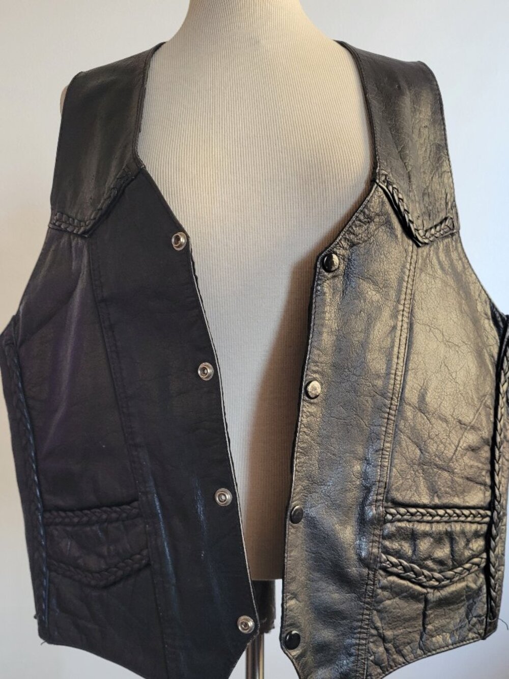 Unik International Vintage Black Leather Biker Vest | Size M | Braided Details &